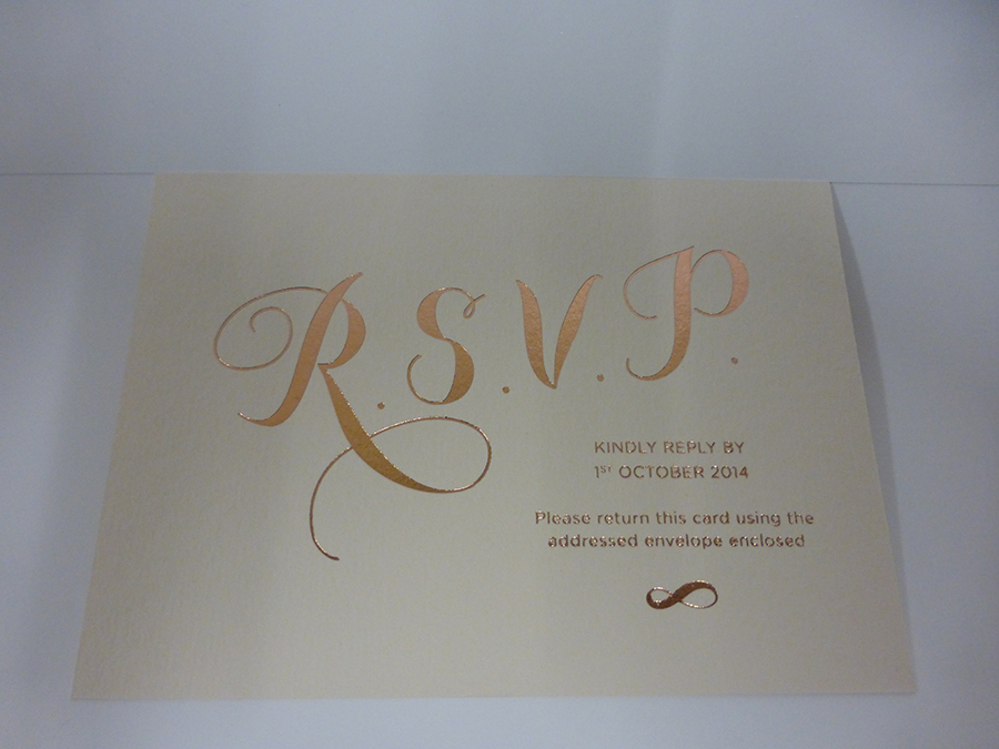 Rose Gold Foil Wedding RSVP on GF Smith Board